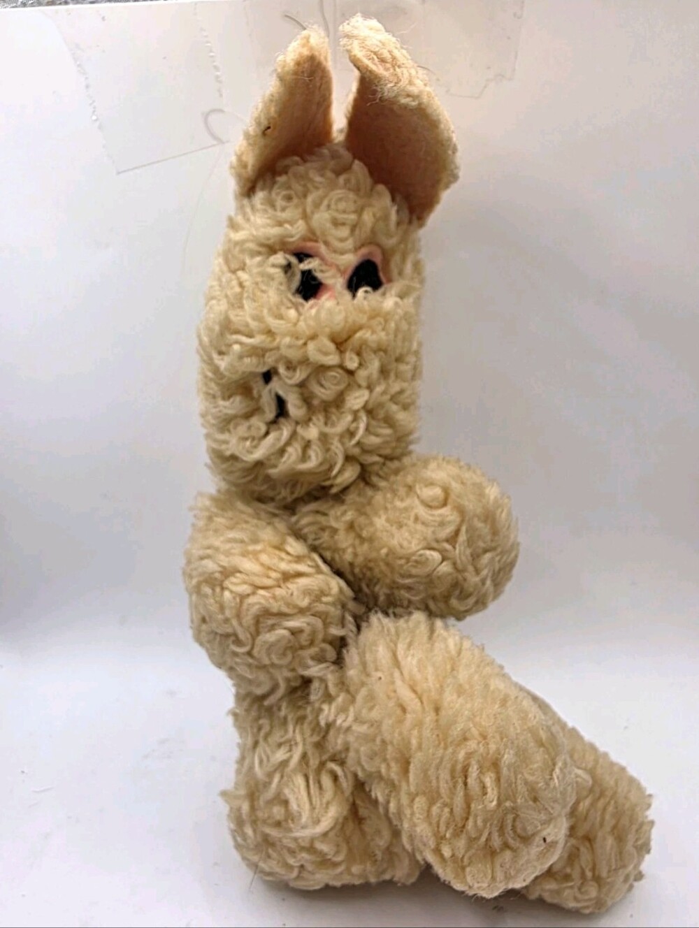 Vintage Mid Century Curly Mohair Plush Rabbit Bunny Toy Felt Ears 8" Easter